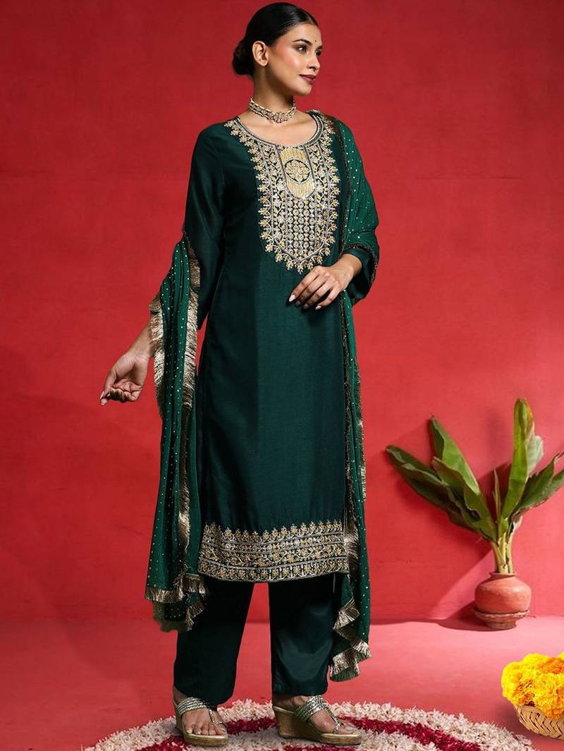 Women Ethnic Motifs Embroidered Kurta with Trouser & Dupatta