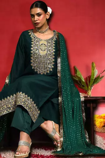 Women Ethnic Motifs Embroidered Kurta with Trouser & Dupatta