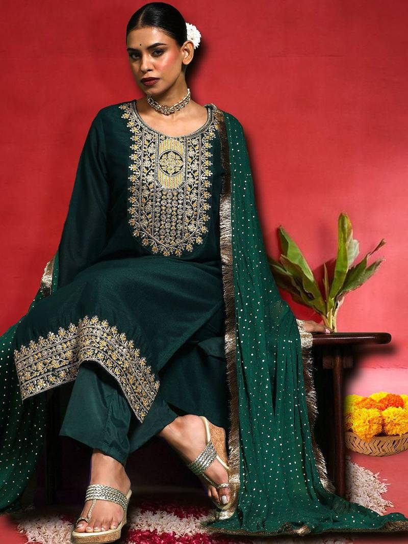 Women Ethnic Motifs Embroidered Kurta with Trouser & Dupatta