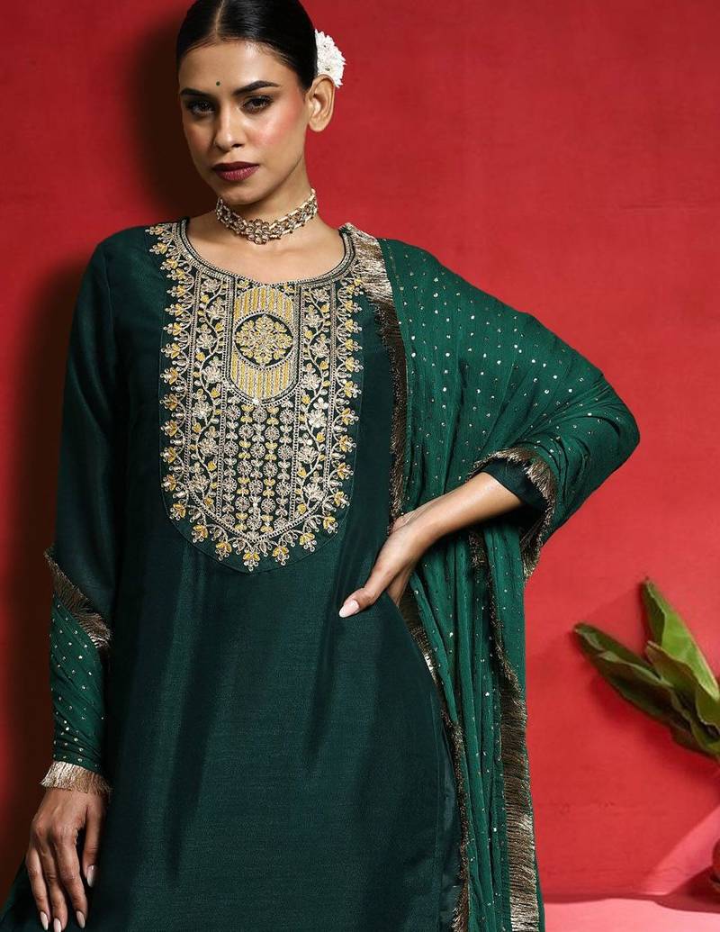 Women Ethnic Motifs Embroidered Kurta with Trouser & Dupatta