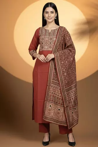 Women Ethnic Motifs Embroidered Regular Kurta with Trousers & With Dupatta