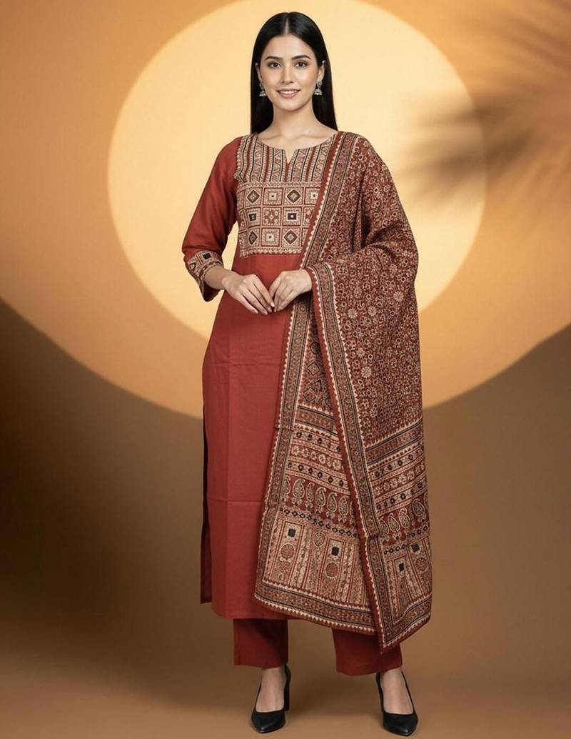 Women Ethnic Motifs Embroidered Regular Kurta with Trousers & With Dupatta