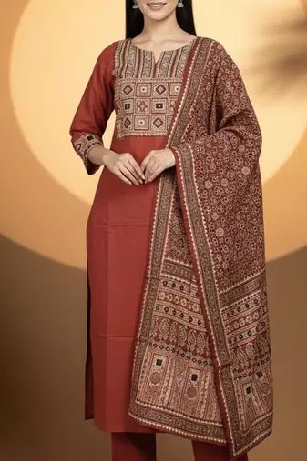 Women Ethnic Motifs Embroidered Regular Kurta with Trousers & With Dupatta