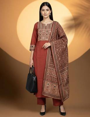 Women Ethnic Motifs Embroidered Regular Kurta with Trousers & With Dupatta 6
