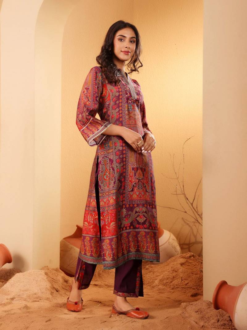 Ethnic Motifs Printed Gotta Patti Chanderi Silk Kurta With Trousers