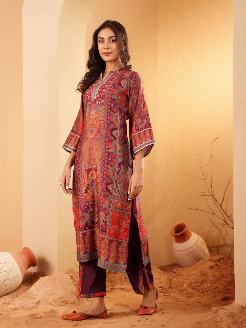Ethnic Motifs Printed Gotta Patti Chanderi Silk Kurta With Trousers