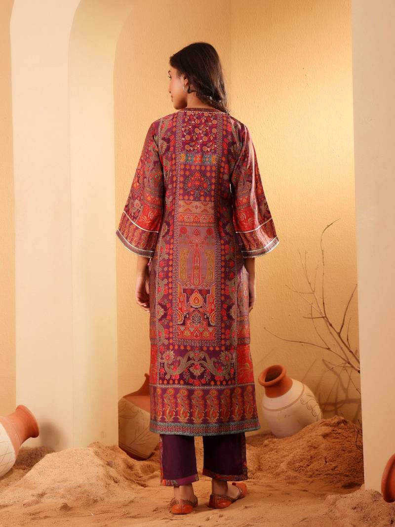 Ethnic Motifs Printed Gotta Patti Chanderi Silk Kurta With Trousers