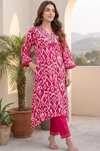 Women Ethnic Motifs Printed Regular Thread Work Pure Cotton Kurta with Trousers
