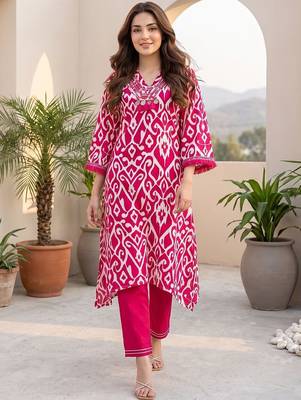 Women Ethnic Motifs Printed Regular Thread Work  Cotton Kurta with Trousers 4