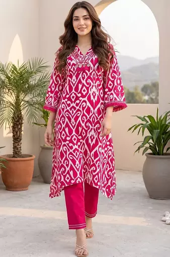 Women Ethnic Motifs Printed Regular Thread Work Pure Cotton Kurta with Trousers
