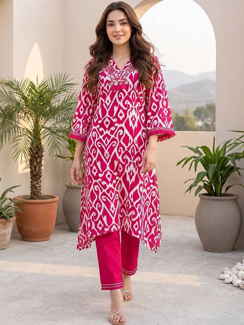 Women Ethnic Motifs Printed Regular Thread Work  Cotton Kurta with Trousers