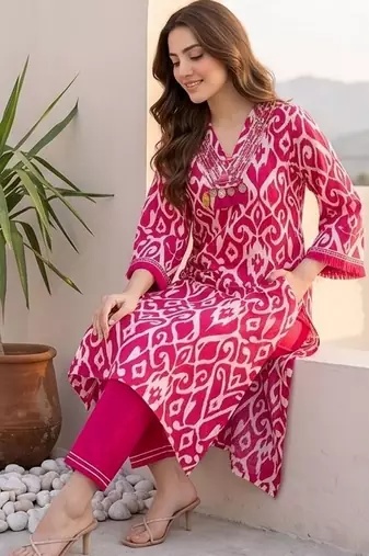 Women Ethnic Motifs Printed Regular Thread Work Pure Cotton Kurta with Trousers