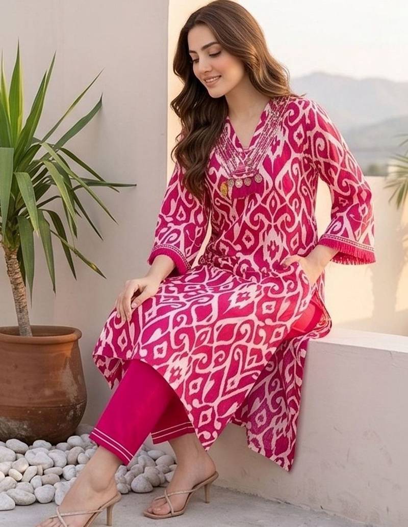 Women Ethnic Motifs Printed Regular Thread Work  Cotton Kurta with Trousers