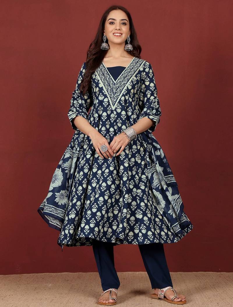 Floral Printed V-Neck Gotta Patti  Cotton A-Line Kurta With Trousers & Dupatta
