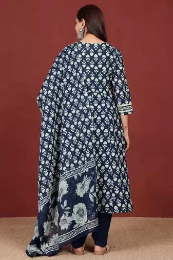 Floral Printed V-Neck Gotta Patti Pure Cotton A-Line Kurta With Trousers & Dupatta