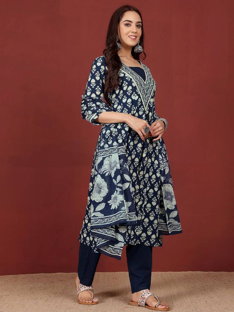Floral Printed V-Neck Gotta Patti  Cotton A-Line Kurta With Trousers & Dupatta