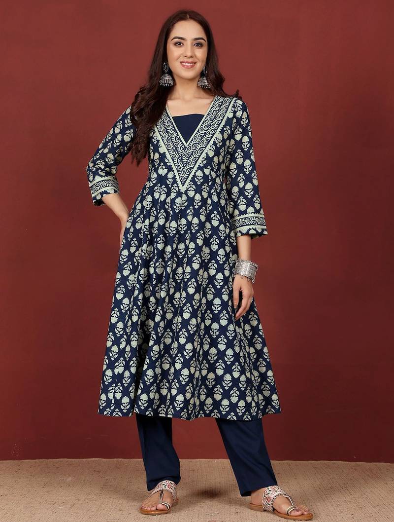 Floral Printed V-Neck Gotta Patti  Cotton A-Line Kurta With Trousers & Dupatta