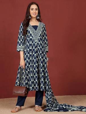 Floral Printed V-Neck Gotta Patti  Cotton A-Line Kurta With Trousers & Dupatta 7