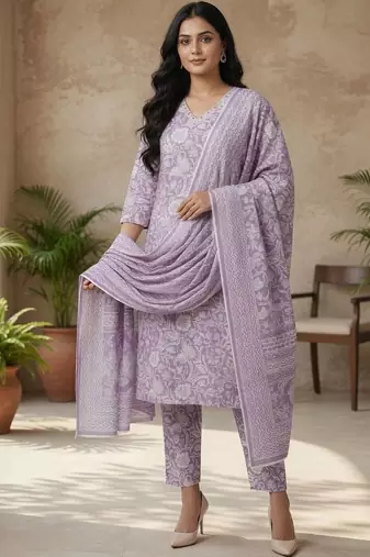 Women Floral Printed Regular Pure Cotton Kurta with Trousers & With Dupatta