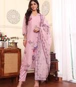 Floral Embroidered Chanderi Silk Straight Kurta With Trouser & Dupatta