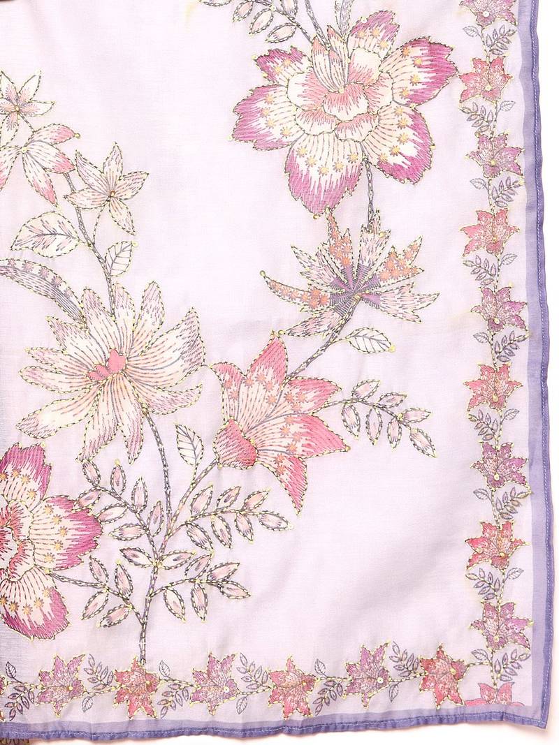 Floral Embroidered Chanderi Silk Straight Kurta With Trouser & Dupatta