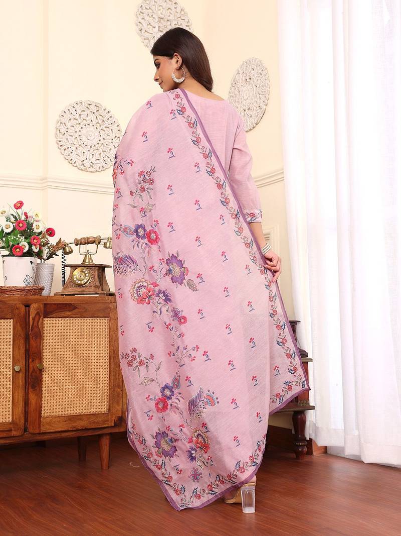 Floral Embroidered Chanderi Silk Straight Kurta With Trouser & Dupatta