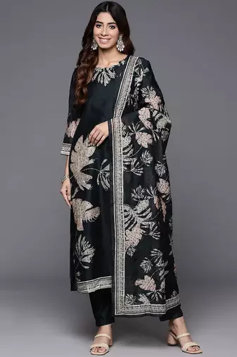 Floral Embroidered Chanderi Silk Straight Kurta & Trousers With Dupatta