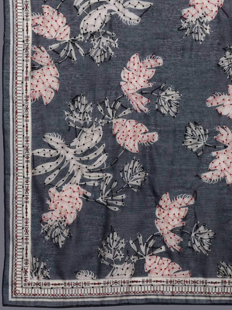 Floral Embroidered Chanderi Silk Straight Kurta & Trousers With Dupatta