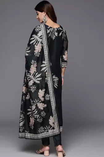 Floral Embroidered Chanderi Silk Straight Kurta & Trousers With Dupatta