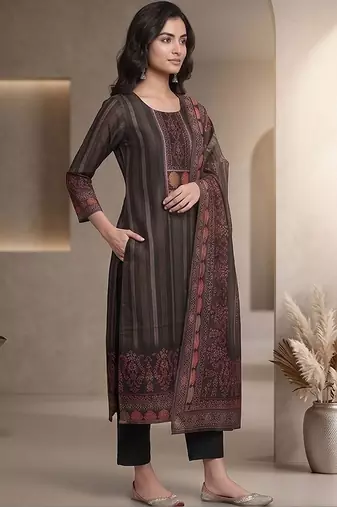 Women Ethnic Motifs Printed Regular Chanderi Silk Kurta with Trousers & With Dupatta