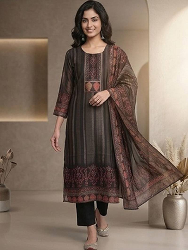 Women Ethnic Motifs Printed Regular Chanderi Silk Kurta with Trousers & With Dupatta