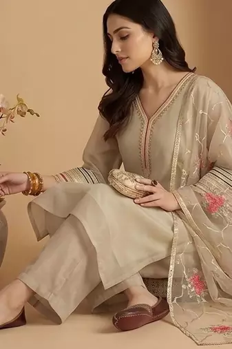 Women Ethnic Motifs Regular Thread Work Kurta with Palazzos & With Dupatta