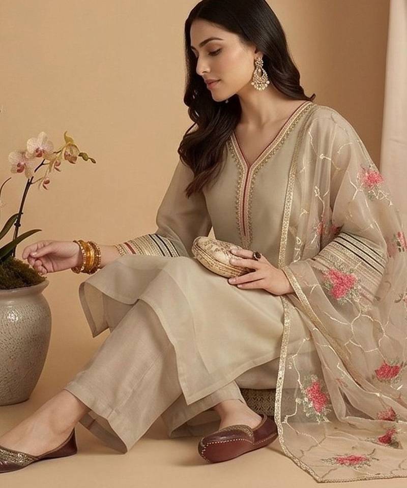 Women Ethnic Motifs Regular Thread Work Kurta with Palazzos & With Dupatta