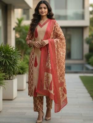 Women Ethnic Motifs Printed Regular  Cotton Kurta with Trousers & With Dupatta 1