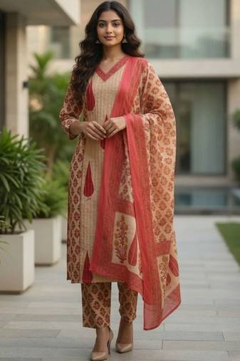Women Ethnic Motifs Printed Regular  Cotton Kurta with Trousers & With Dupatta