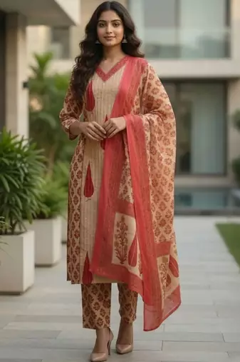 Women Ethnic Motifs Printed Regular Pure Cotton Kurta with Trousers & With Dupatta