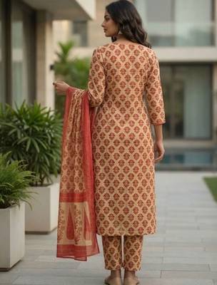 Women Ethnic Motifs Printed Regular  Cotton Kurta with Trousers & With Dupatta 3