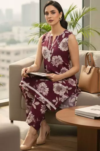 Women Floral Printed Regular Thread Work Pure Cotton Kurta with Trousers