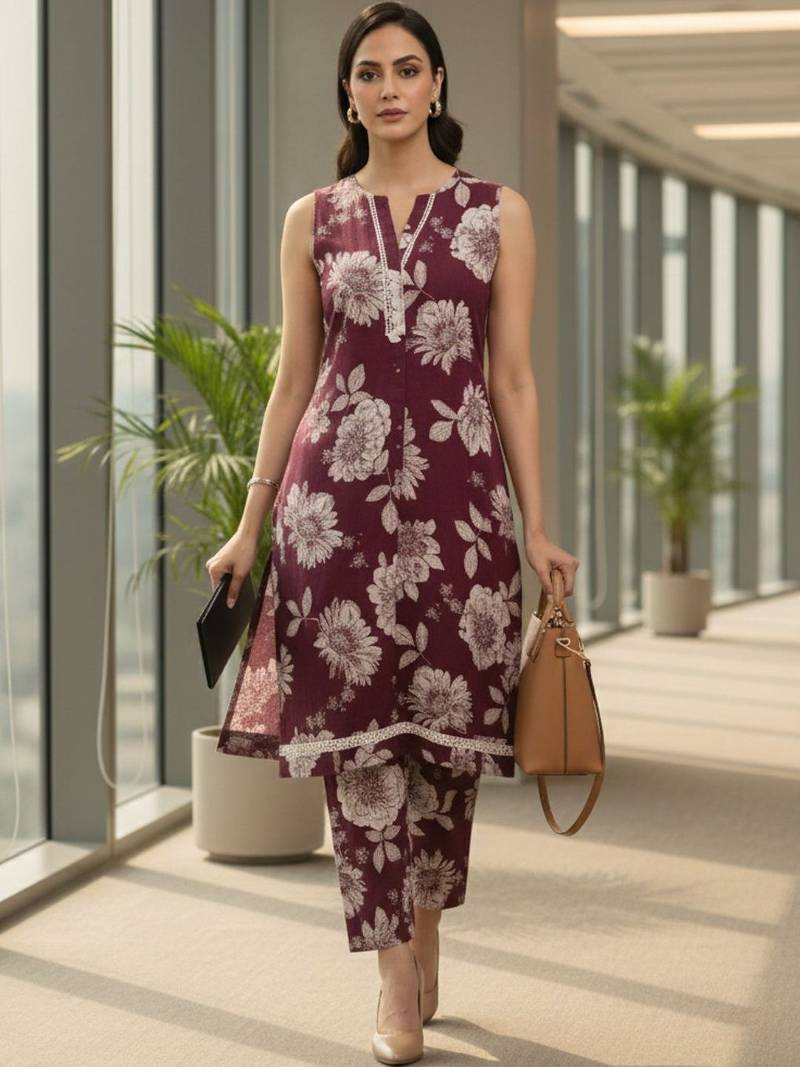 Women Floral Printed Regular Thread Work Pure Cotton Kurta with Trousers