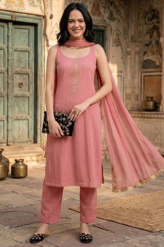 Women Yoke Design Empire Silk Crepe Kurta with Trousers & With Dupatta