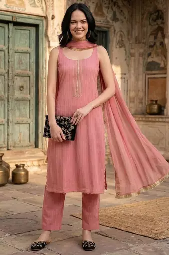 Women Yoke Design Empire Silk Crepe Kurta with Trousers & With Dupatta