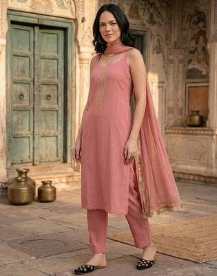Women Yoke Design Empire Silk Crepe Kurta with Trousers & With Dupatta 4