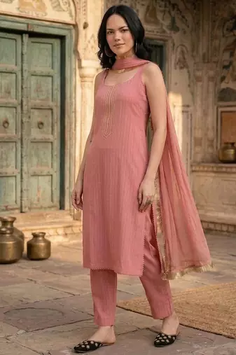 Women Yoke Design Empire Silk Crepe Kurta with Trousers & With Dupatta