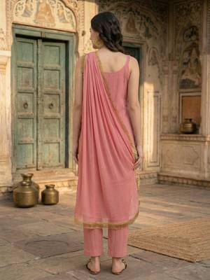 Women Yoke Design Empire Silk Crepe Kurta with Trousers & With Dupatta 5