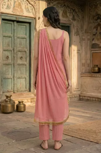 Women Yoke Design Empire Silk Crepe Kurta with Trousers & With Dupatta