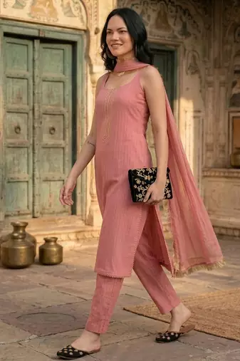 Women Yoke Design Empire Silk Crepe Kurta with Trousers & With Dupatta