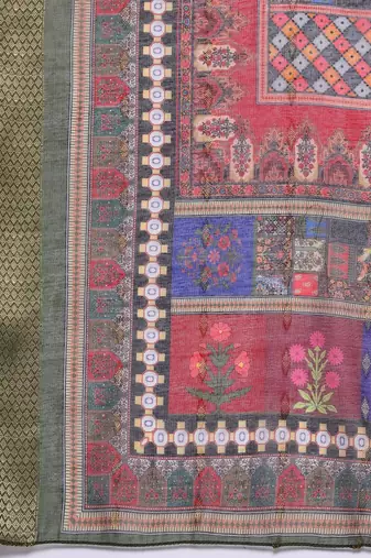 Floral Embroidered Notch Neck Mirror Work Straight Kurta With Trousers & Dupatta
