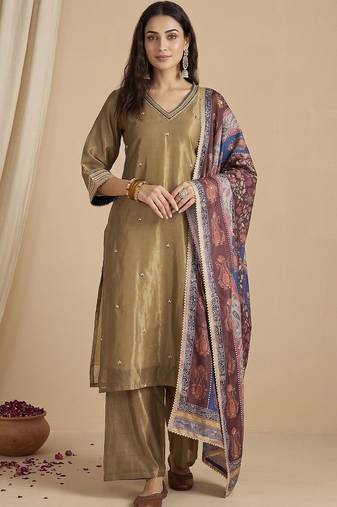 Women Ethnic Motifs Embroidered Regular Thread Work Kurta with Palazzos & With Dupatta