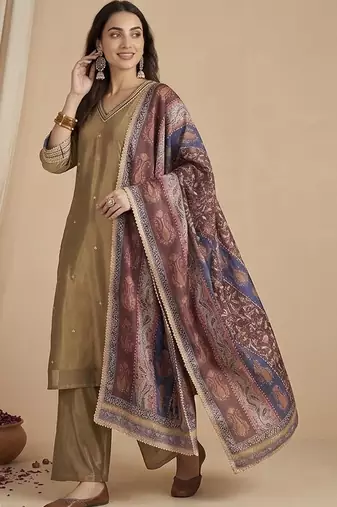 Women Ethnic Motifs Embroidered Regular Thread Work Kurta with Palazzos & With Dupatta