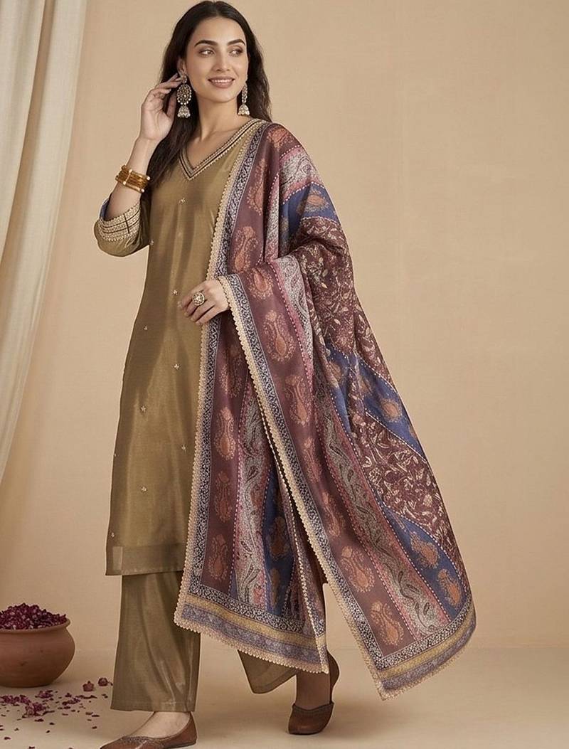 Women Ethnic Motifs Embroidered Regular Thread Work Kurta with Palazzos & With Dupatta